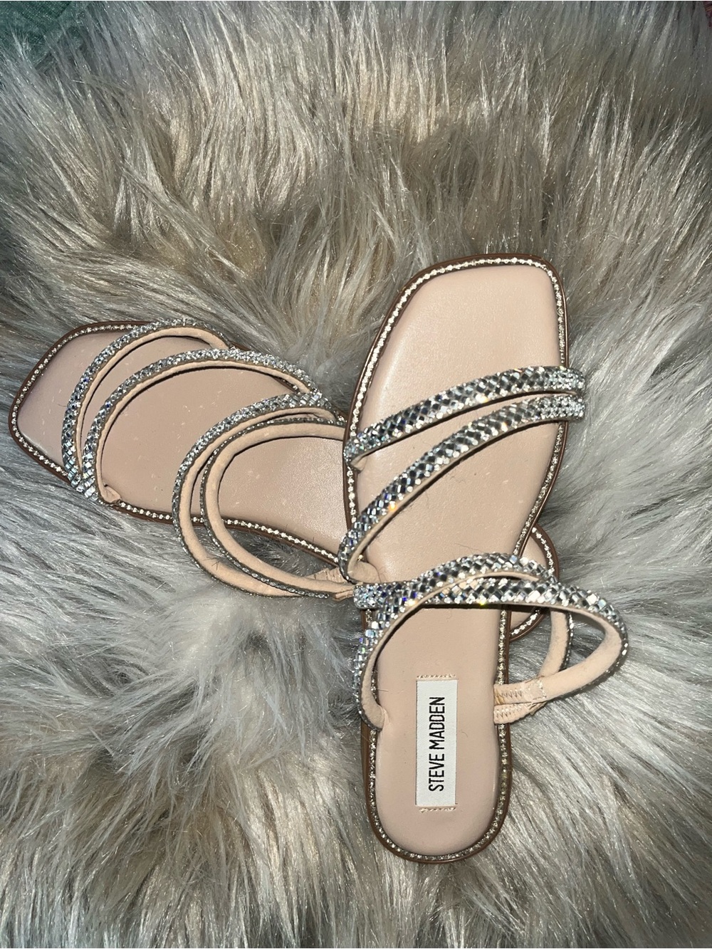 Steve Madden Crystal-Strap Nude Flat Sandals